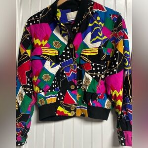 Vintage Dana Buchman Silk Jacket Sz 6 Bright Retro Colors Gold Buttons 80’s